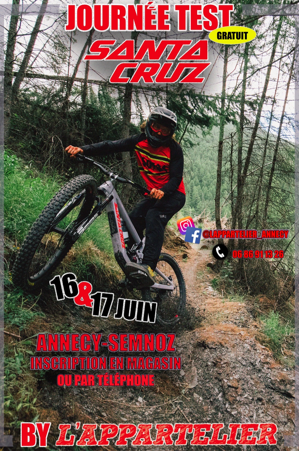 Affiche journée test Santa Cruz les 16 et 17 juin à Annecy-Semnoz pour L'Appartelier